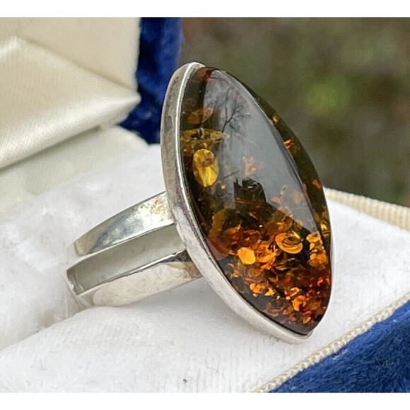 Valerio Vintage Sterling Silver 925 Amber Ring Signed v8 Modernist Size 9 Poland